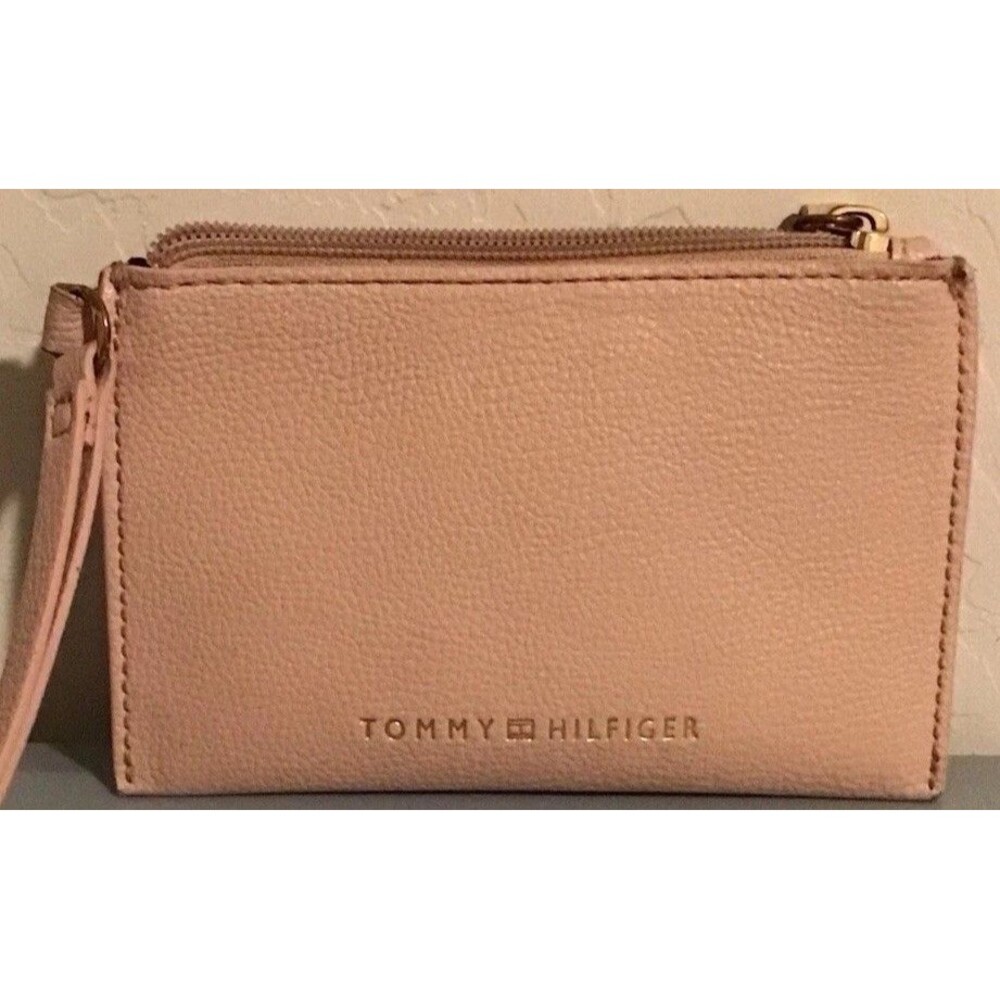 Tommy Hilfiger Pink Wristlet Wallet Zip Pouch Card Holder 6”x4” Clutch Gold Logo